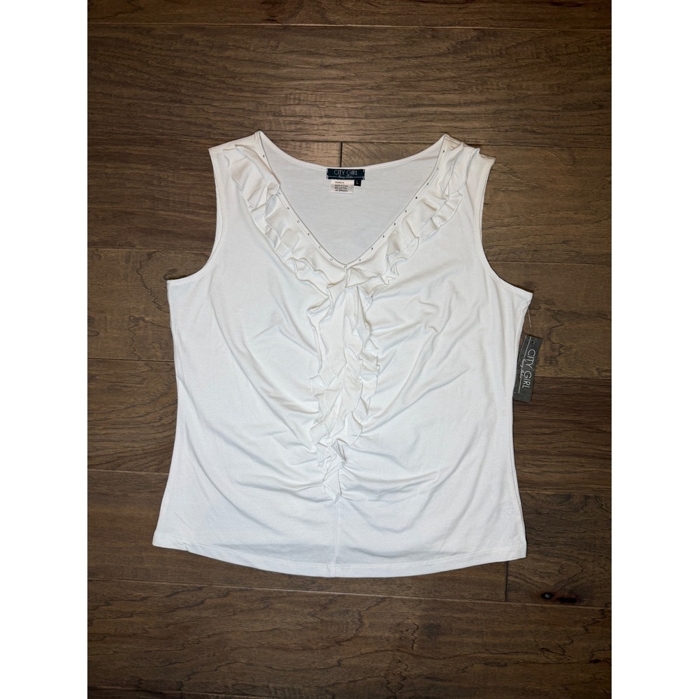 NWT City‎ Girl Nancy Bolen White Ruffle V-Neck Rhinestone Sleeveless Tank Top L